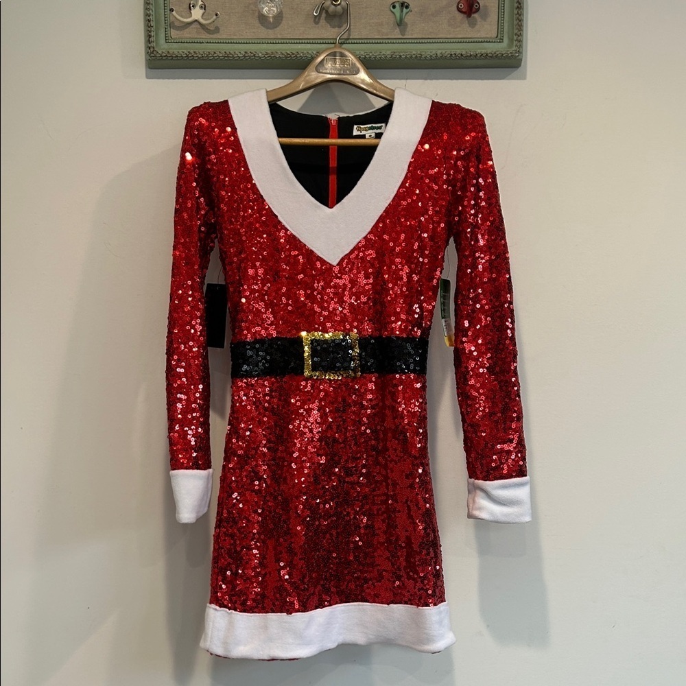 Tipsy Elves Red Sequin Santa Holiday Mini Dress with Black Belt women’s XS new